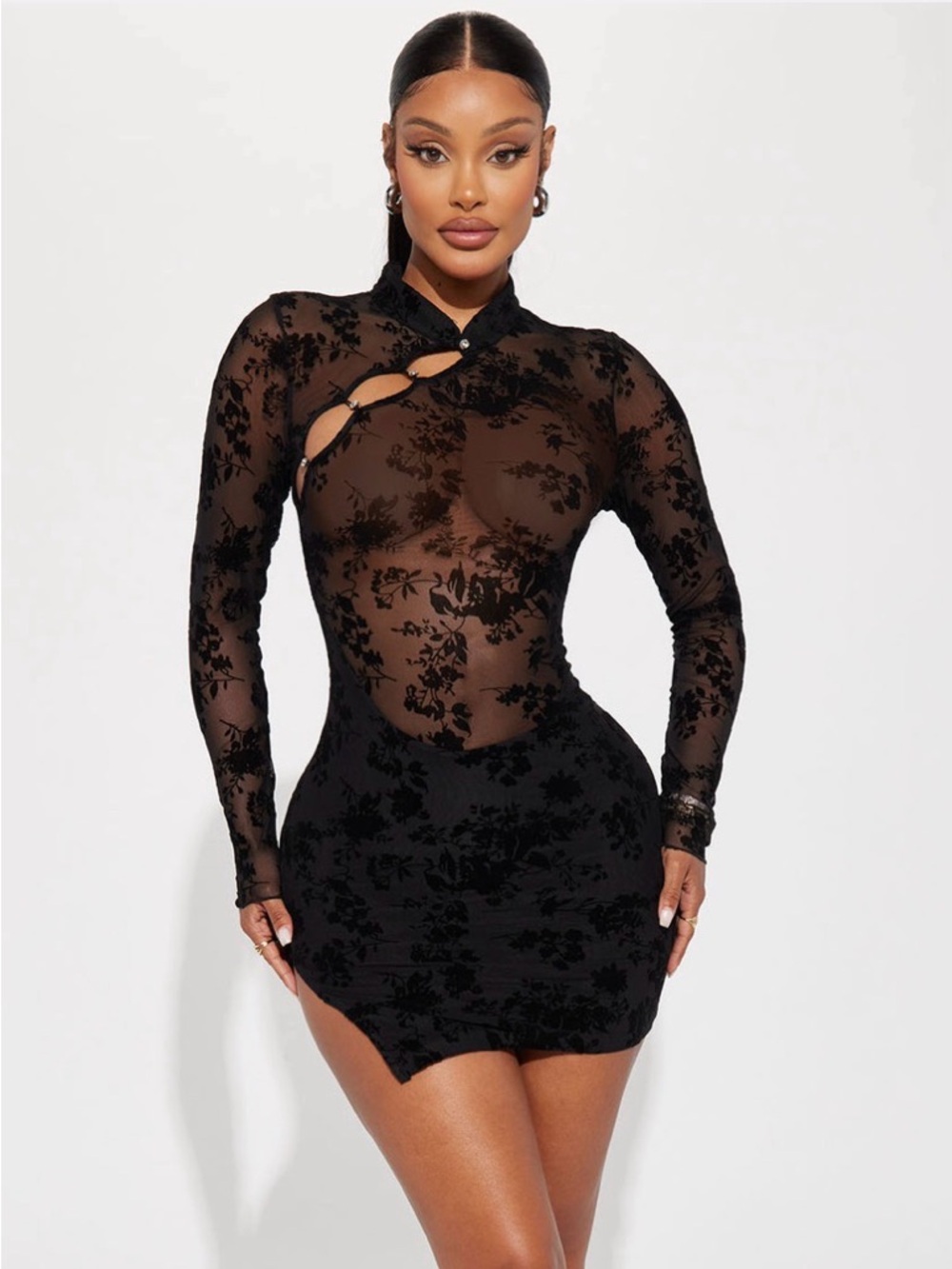 Fashion Nova Black Floral Velvet Long Sleeve Bodycon Dress with Pearl Buttons